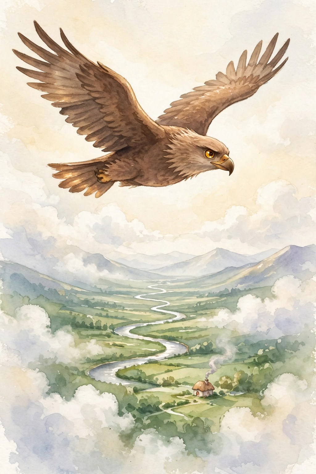 Aquila the eagle soaring high above the valley, her gold eye bright